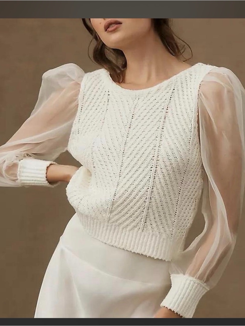 Anthropologie Maeve Cable Twofer Sweater Ivory Silk Sheer Puff Sleeve XS